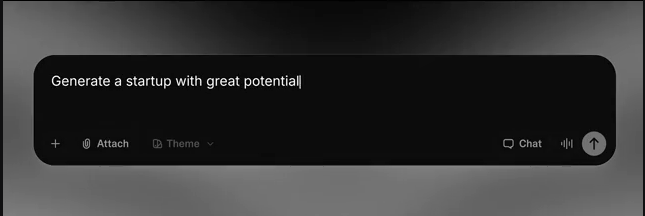 A frame from a video, presenting an input from an AI generator (Polar), with the prompt being: "Generate a startup with great potential"