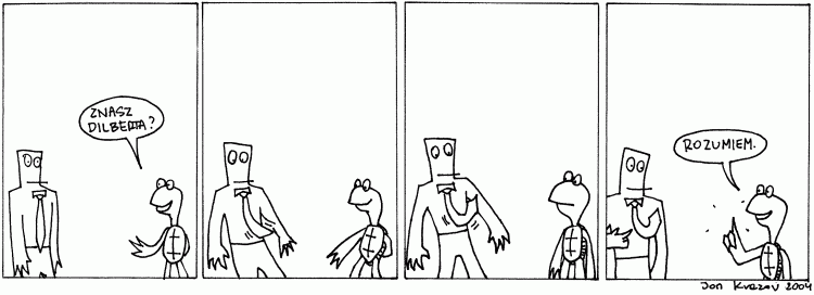 A comic strip with a replicant (K) and a turtle (Lecter). The replicant has a tie and a belt but no other features. FRAME 1: Lecter asks, "Znasz Dilberta?" ("Do you know Dilbert?"). FRAME 2: K starts looking at his tie, and the tie moves a bit up. FRAME 3: K's tie is up, just like Dilbert's was. FRAME 4: K points at the tie with his finger, and Lecter replies, "Rozumiem" ("I understand").