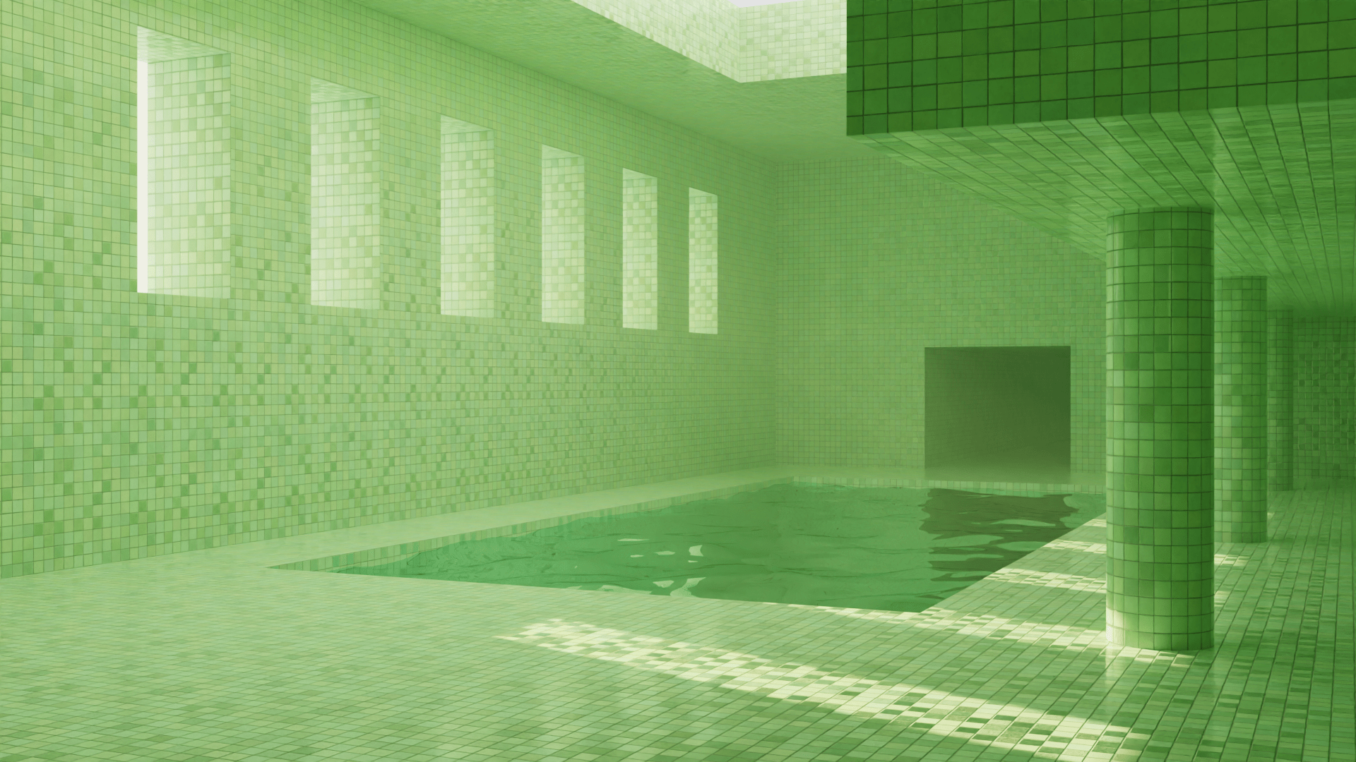 Poolroom scenery. A large pool-like room, with every surface, including columns, covered in small white tiles. In the centre, there is a pool filled with water. The colour palette is green-tinted, amplified by a steamy air.